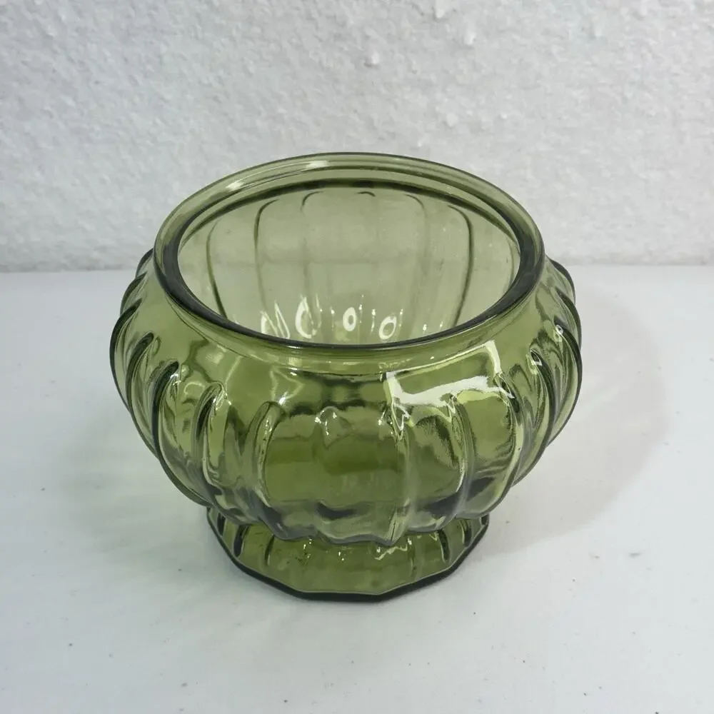 Inarco USA #5443 Olive Green Glass Ribbed Bowl Glass Plant Pot Vase VTG MCM